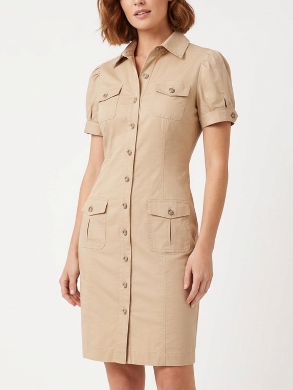 JONES NEW YORK Khaki Safari Button Down Dress Knee Length Belt Pocket Petite 12P